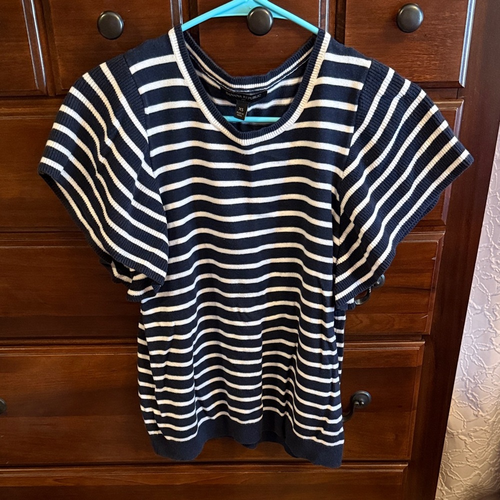 Navy and White Striped Women's sweater short flutter sleeve Top